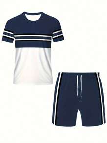Conjunto de 2 piezas para hombre, camiseta de cuello de tripulación de manga corta con estampado gráfico de bloque de color y rayas, y pantalones cortos con cordón para actividades al aire libre en verano