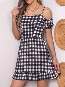 Vestido corto cuadros romàntico estampado cuadros corte en cintura escote amplio tipo corazòn tirantes delgados manga corta con elàstico smog bajo amplio con olàn posterior con zipper invisible ideal para calor fresco dìa noche dama mujer primavera verano - Blanco y Negro - Ver 2