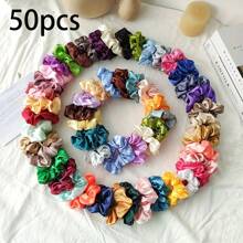 50/30 piezas Elegantes Scrunchies de satén brillante de estilo bohemio, grande/pequeño para moños de mujer, accesorios de cabello de imitación de seda de unicolor para outfits casuales, diademas elásticas adecuadas para coletas y peinados, decoración del hogar y el baño, decoración de otoño, de vuelta a la escuela