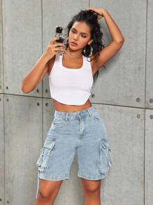 Quần short Bermuda denim dáng cargo, túi nắp gập, chi tiết rách rưới kiểu râu mèo, viền tua rua, phong cách thường ngày mùa hè. - Xanh và trắng - Xem 7