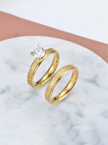 2 件/1 套 18K 镀金不锈钢创意爱心设计情侣戒指，不褪色小众珠宝，适合节日送礼和日常佩戴 - 金色 - 查看 18