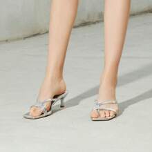 Women's Strappy Kitten Heel Flip Flops With Square Open Toe - Low Heel Dress Sandals For Party And Casual Occasions - Silver - View 6