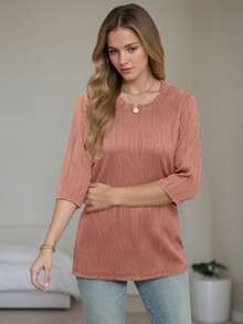 SANOPY Women's T-Shirts,Going Out Tops For Women,Ladies Tops And Blouses,Women's Round Neck Three Quarter Sleeve Textured Casual Slim Top - 粉色 - 查看 2