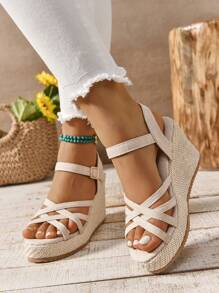 Women's French Style Wedge Sandals, Crossed Straps High Heel Chunky Platform Open Toe Roman Shoes, Summer