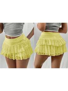 Women's Summer Lace Floral Skirt High Rise Tiered Ruffled Flowy Short Mini A Line Skirt Streetwear  Lace Skirts For Women Irregular Side White Ruffle Skirt Y2K Pleated Mini Low Waisted Short Dress Casual Miniskirt - 黃色 - 查看 2