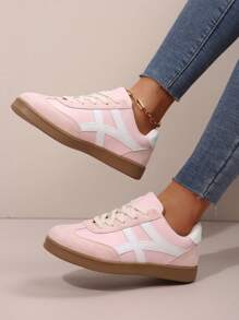 女士时尚新款春秋圆头户外休闲运动鞋，几何拼接条纹粉色分离鞋底鞋，柔软舒适休闲运动鞋 - 粉色 - 查看 3