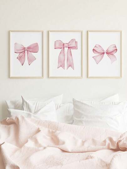 3pcs Pink Bow Wall Art Cream Decorative Painting Canvas Print, Nordic Style Butterfly Floral Artwork For Girls Bedroom, Apartment, Living Room, Birthday Gift, Graduation Gift, Unframed