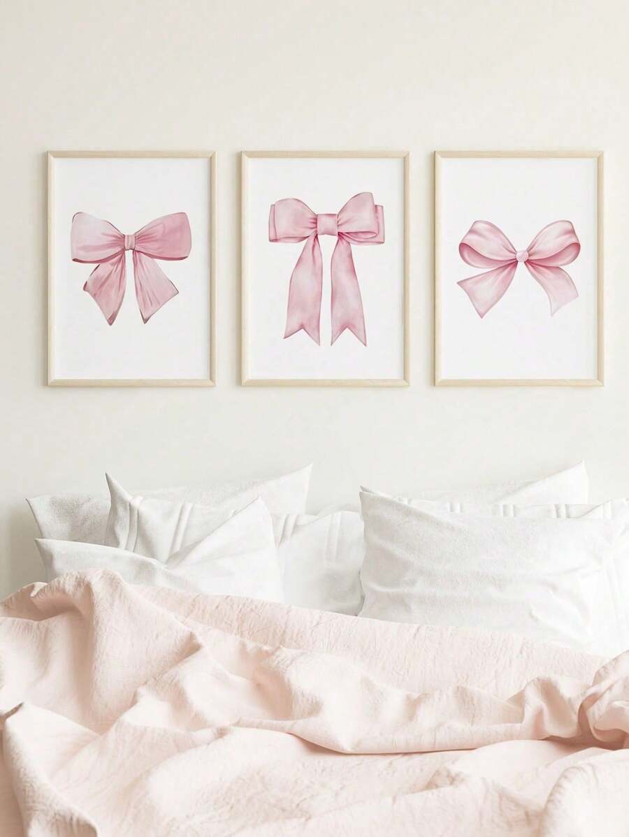 3 Pieces Pink Bows Wall Decor Cream Style Decorative Painting Aesthetic Canvas Hanging Picture Nordic Print Picture Girls Bedroom Apartment Living Room Birthday Present Decor No Frame Gifts Graduation