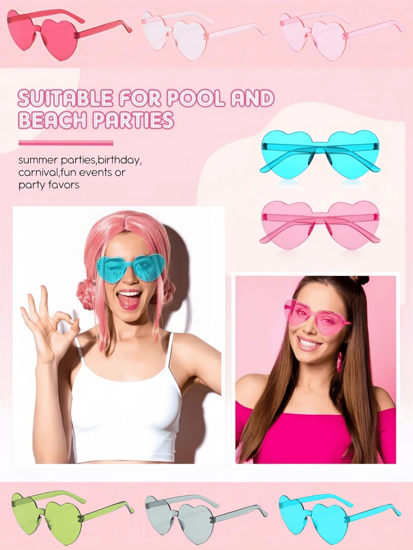 8 件/5 件心形彩虹糖果色无框眼镜，适合女士、女孩和派对眼部装饰配件