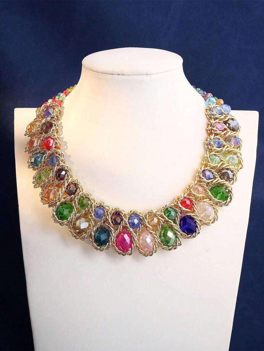 1 pieza Collar elegante, lujoso y con estampado geométrico con piedras falsas, accesorio sofisticado y versátil adecuado para uso diario, fiestas y el Día de la Madre - vistoso - Ver 1