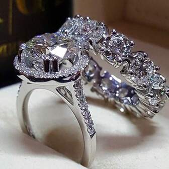 2 件/套圆形切割方晶锆石戒指，优雅订婚承诺戒指女士婚礼派对礼物