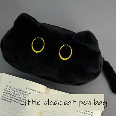 1 Pc Cute Black Cat Pencil Case - Large Capacity, Soft Stationery Storage Box With Adorable Yellow Eyes, Perfect For Back To School Pencil Pouch