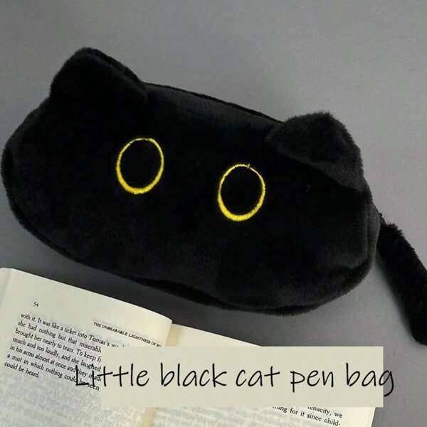 1 pieza Estuche para lápices con gato negro lindo - Caja de almacenamiento de papelería de gran capacidad y suave con ojos amarillos adorables, perfecto para el estuche de lápices de regreso a la escuela