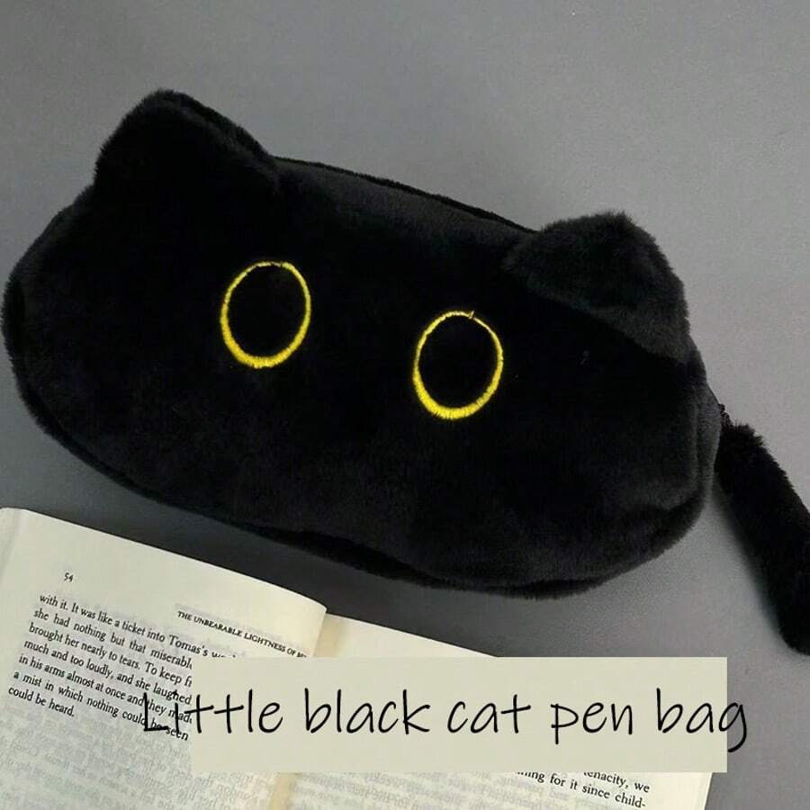 1 pieza Estuche para lápices con gato negro lindo - Caja de almacenamiento de papelería de gran capacidad y suave con ojos amarillos adorables, perfecto para el estuche de lápices de regreso a la escuela