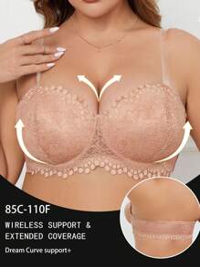 Plus Size Women Side Buckle Lace Patchwork Wireless Comfort Tube Lingerie Bra With No Underwire, Enhancing Back Design - Apricot - View 4