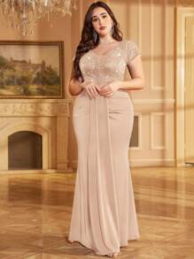 Plus Deep V-Neck Sequin Lace Contrast Ruched Draped Front Mermaid Hem Evening Party Formal Dress, Valentine's Day Dress, Summer Dress, Wedding Guest Dress, For Birthday, Dinner, Prom, Homecoming - Champagne - View 6