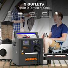 Hepway Portable Power Station 1300W, Foldable Soft-Touch Handle With 4*120V AC Outlet(Peak 2000W), USB-C PD 60W Backup 1154Wh Lithium Battery Pack Solar Generator For Outdoor Home Emergency Backup Camping Travel RV Van(Solar Panel Not Included) - màu đen - Xem 5