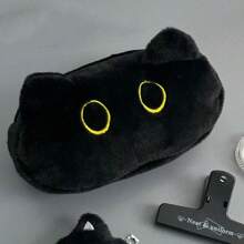 1 pieza Estuche para lápices con gato negro lindo - Caja de almacenamiento de papelería de gran capacidad y suave con ojos amarillos adorables, perfecto para el estuche de lápices de regreso a la escuela