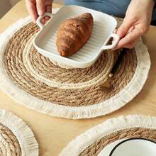 1 pieza /4 piezas /6 piezas Posavasos o manteles individuales redondeados con flecos de estilo bohemio tejidos a mano de manera natural, adecuados para restaurantes, decoración de bodas