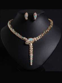 1 条项链 1 对耳环 尼日利亚女性迪拜金蛇风格珠宝套装包括新娘项链、耳环、服装和珠宝，是婚纱的理想礼物