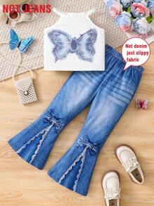 2 Pieces Girl's Outdoor Casual Sports Jogging Running Outfit For Elementary School, Includes Sleeveless White Top With Butterfly Print And Elastic Waist Denim-Effect Flared Pants, Lightweight Summer Wear For Young Girl