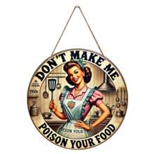 Placa de pared de arte de cocina retro de 7.09 pulgadas - "No dejes que envenenemetodos tu comida" Logotipo decorativo estilo de los años 50, madera artificial sin electricidad, perfecto para el hogar, restaurante, bar, cafetería, decoración, agrega características a cualquier habitación