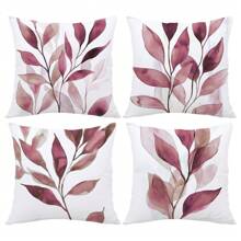 4 piezas Funda de almohada con estampado de hojas en acuarela rosa y púrpura, de 17.7*17.7in (45*45cm) / 19.69*19.69in (50*50cm), de poliéster, impresa por un solo lado, solo funda (sin relleno de almohada), decoración para el hogar, sofá, cama, coche, etc.
