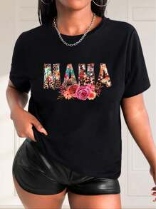 Mother's Day Special: 'MAMA' Leopard & Floral Print Casual Black Tee For Women - Soft Cotton, Crew Neck, Short Sleeve, Machine Washable - Printing T Shirts - 黑色 - 查看 1