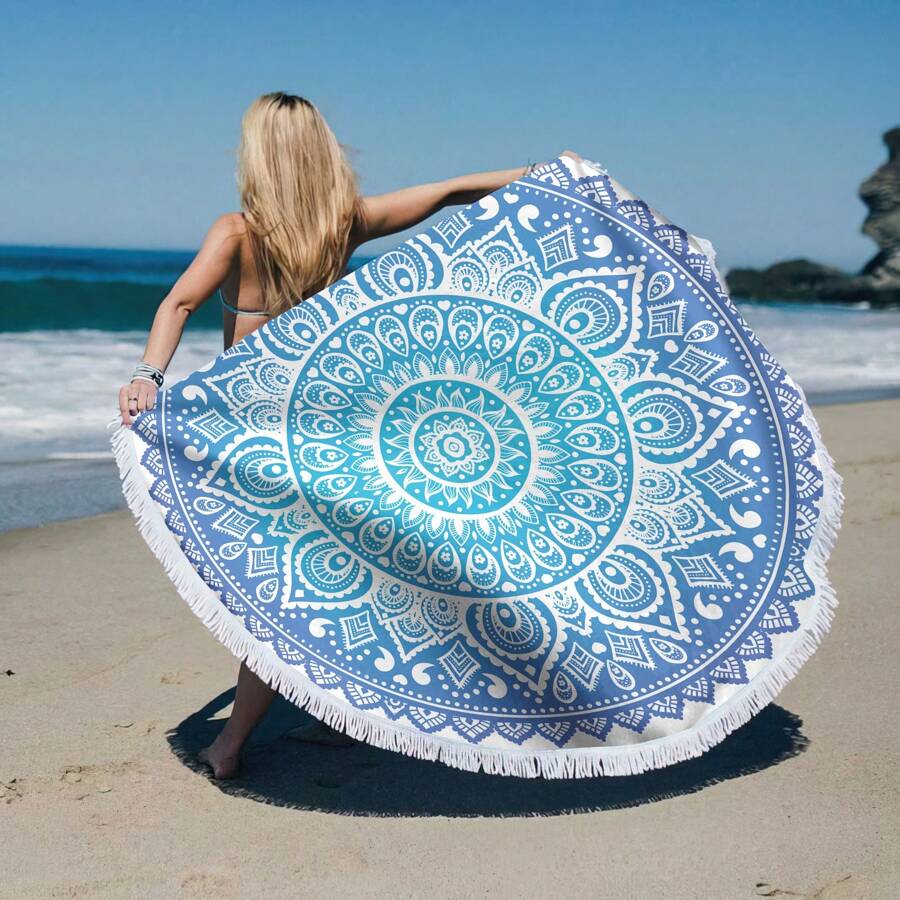1 pieza Toalla de playa de forma redonda de 61 pulgadas, toalla de baño grande, de secado rápido, absorbente, que se puede usar como alfombra de playa, manta de meditación, mantel, esencial para viajes y vacaciones, toalla de piscina, accesorio imprescindible para acampar y la playa, decoración de baño para vacaciones