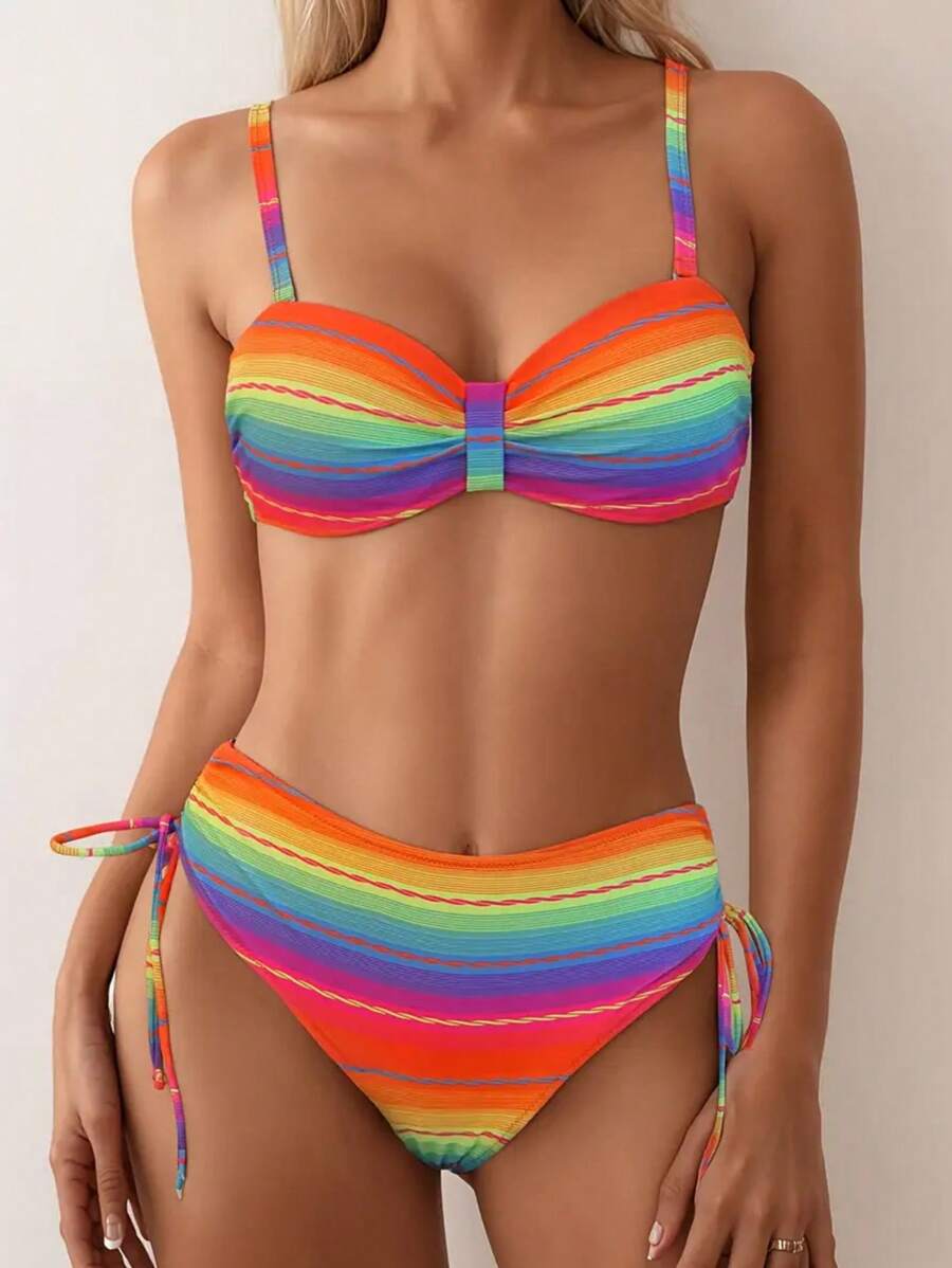 Set bikini pentru femei cu imprimeu curcubeu, costume de baie din două piese cu cupe cu sârmă și bretele ajustabile, țesătură din tricot elastic, festival de muzică, fund cu șnur, îmbrăcăminte de plajă de vară - Multicolor - Vizualizare 1