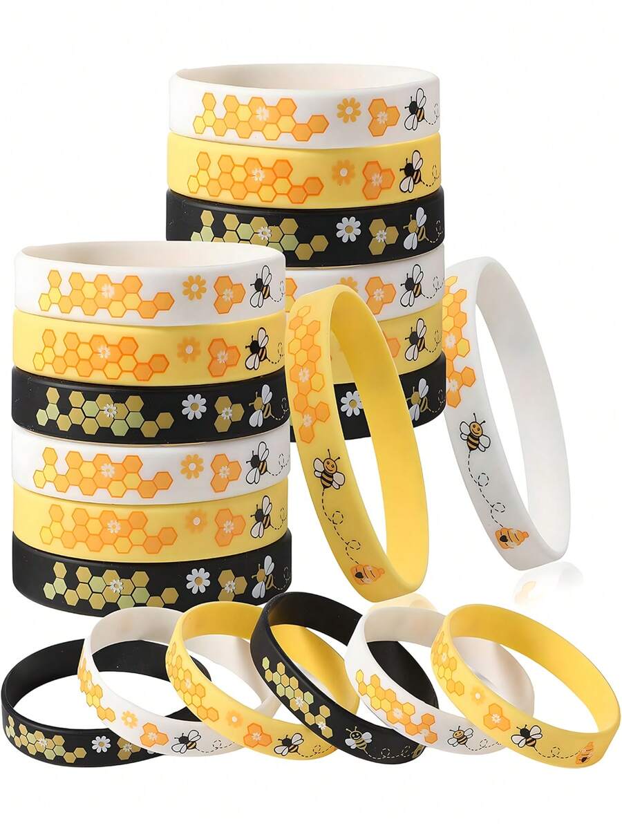 12pcs Bee Bracelets, Silicone Bee Bracelets, Multi-Color Bee Themed Party Favors, Bee Decorations, Bee Wristbands, Bee Birthday Party Supplies - Multicolor - View 1