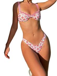 Women Floral Bikini Set, Sleeveless Bra With Low Waist Briefs Bathing Suit 2-Piece Swimsuit - 粉色 - 查看 1