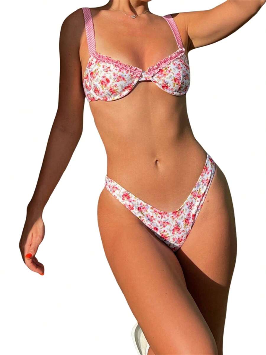 Women Floral Bikini Set, Sleeveless Bra With Low Waist Briefs Bathing Suit 2-Piece Swimsuit - 粉色 - 查看 1
