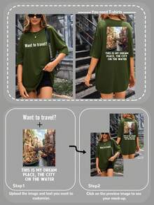 Customized Women Loose T-Shirt, Customize Your Text/Photo, Customize Your Name/Text/Blessing, Birthday/Valentine's Day/Party Anniversary/Christmas Customization, Upload Your Photo/Friend/Relative/Landscape Photo Top, Women Loose Short Sleeve T-Shirt, Holiday Gift, Summer, Christmas, Spring Women's Wear, Best Friend Gift, Anniversary Gift, Party Gift, Basketball - Army Green - View 4