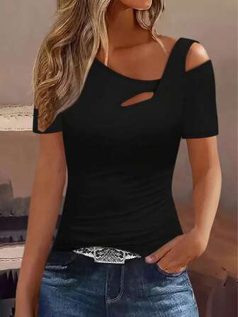 Hollow Out Asymmetric Shoulder T-Shirt, Stylish Short Sleeve Cutout Shoulder Top, Women