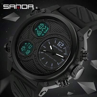 SANDA. SANDA 男士运动石英表，大表盘，双显，LED 数字腕表，防水军用多功能计时表