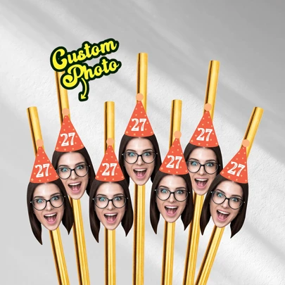 12 Pcs Customized Face Photo Gold Hat Straws For First Milestone Birthday Photos Party Hat Custom Straws Party Decoration Face On Straw Customized, Multi-Functional, Durable, Anti-Mold, Ornamental, Reusable, Exquisite, High-Quality, Colorful, Modern, Custom, Personalized, Unique, Ideal Gifts For Her, Boyfriend, Dad, Mom, Family, Friends, Tea Room, Home, Garden, Office, For Anniversaries, For Valentine's Day, For Mother's Day, For Father's Day, For Graduation, For Housewarming, Customized Water Bottle & Cup Accessories