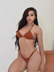 Sexy Tanning Ribbon Bikini Set With Adjustable Thin Strap And Suplex Thong Summer Fashion 2025 - 摩卡棕 - 查看 1