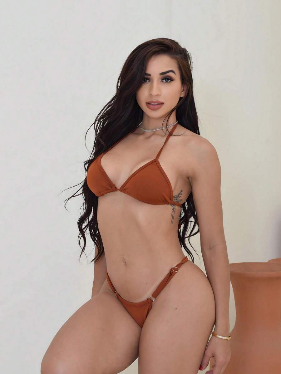 Sexy Tanning Ribbon Bikini Set With Adjustable Thin Strap And Suplex Thong Summer Fashion 2025 - 摩卡棕 - 查看 1