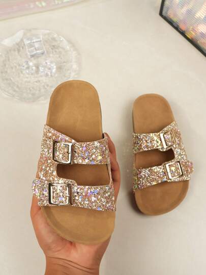 全新儿童软木厚底舒适拖鞋，时尚水钻设计，适合 3-15 岁女孩，室内和室外