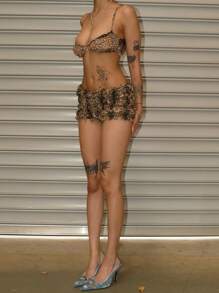 Women Y2k Leopard Print Loungewear Set Sweetheart Neck Low Cut Cami Tank Tops With Smocked Mini Shorts Layered Ruffle Hem Low Rise Micro Shorts Summer Sexy 2-Piece Pajamas PJs Outfits Club Beachwear - 棕色 - 查看 5