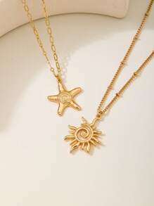 2pcs Unique & Mysterious Elegant Double-Layer Necklace With Metal Spiral Star & Sun Pendant, Chic Clavicle Chain Suitable For Daily, Vacation, Commute, Birthday, Wedding, Best Friend Gift, Festivals - Star Set - View 3