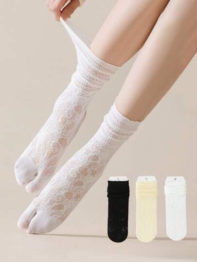 1/3 Pairs Lace Fishnet Toe Split Minimalist Elegant Japan Style Versatile Women Socks
