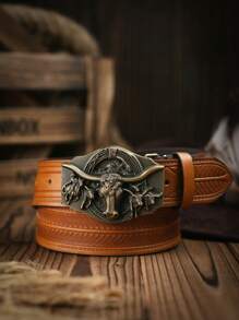 1pc Western Cowboy Style Bull Head Buckle Leather Belt, Fashion PU Material Unisex Retro Belts, 4 Colors Available - Ox - View 20