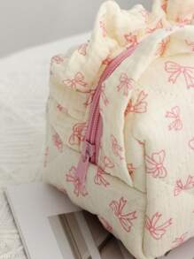 1个米色绗缝化妆包，碎花图案化妆包，蝴蝶图案化妆包，简约多功能化妆包，时尚休闲大容量拉链化妆包，旅行度假必备卫生巾化妆包