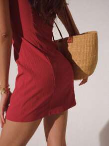 女士优雅 V 领无袖迷你连衣裙，红色，夏季 - 紅色 - 查看 5