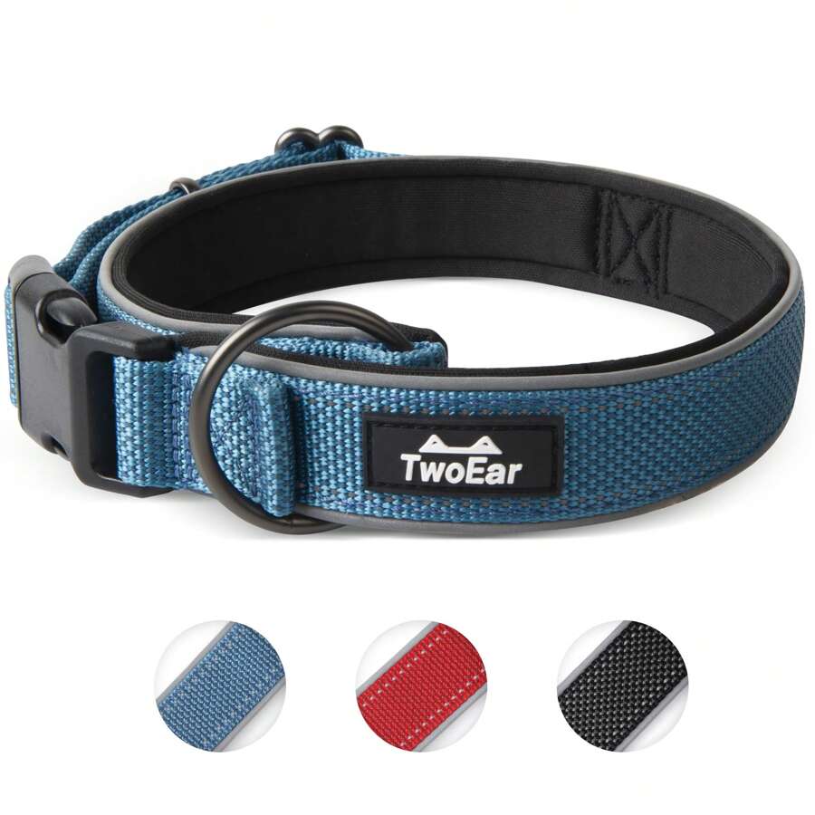 战术狗项圈，可调节军用训练尼龙狗项圈和重金属扣，适合中型和大型犬 - 藍色 - 查看 1