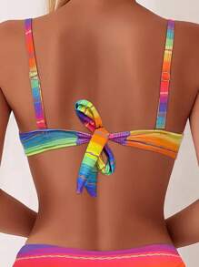 Set bikini pentru femei cu imprimeu curcubeu, costume de baie din două piese cu cupe cu sârmă și bretele ajustabile, țesătură din tricot elastic, festival de muzică, fund cu șnur, îmbrăcăminte de plajă de vară - Multicolor - Vizualizare 4