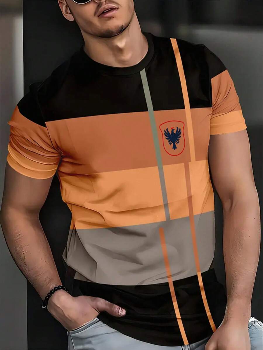 Men's Patchwork Striped Design Business Short Sleeve Top Tee - Multicolor - View 1