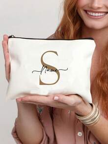 1pc Personalized Name Makeup Bag, Simple Flower Letter Pattern A-Z Custom Gift Bag, Toiletry Bag, Women'S Wallet, Unisex, Cute, Unique Customized Bridesmaid Gift, Winter Fashion, Christmas/Valentine'S Day Gift, Travel Bag Ideal Gift For Family, Friends, Girlfriend Anniversary - Beige - View 1